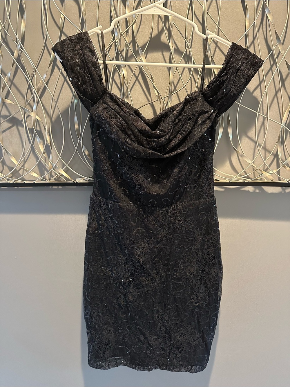 Windsor Black Lace Cowl Off-Shoulder Mini Dress